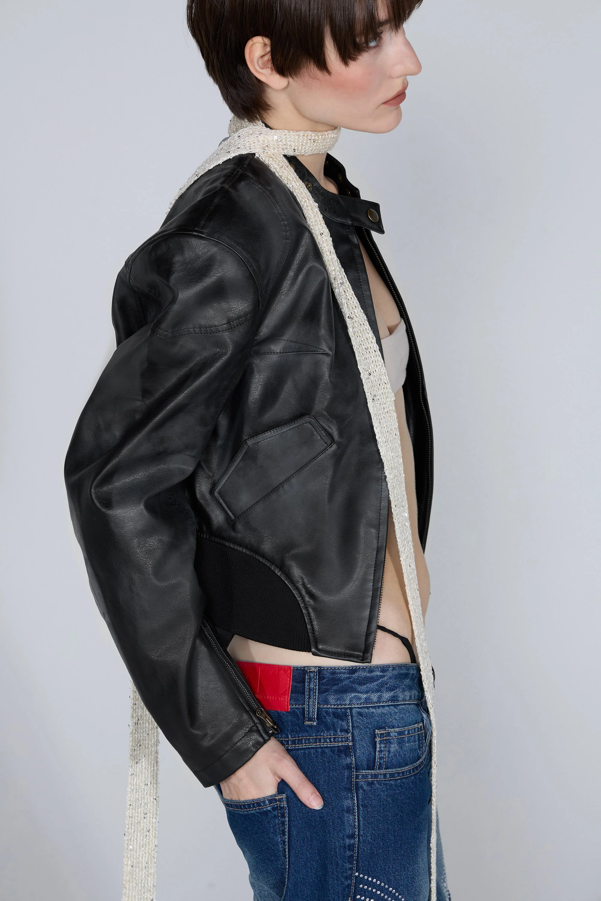 Emboss Faux Leather Bomber Black - Image 4