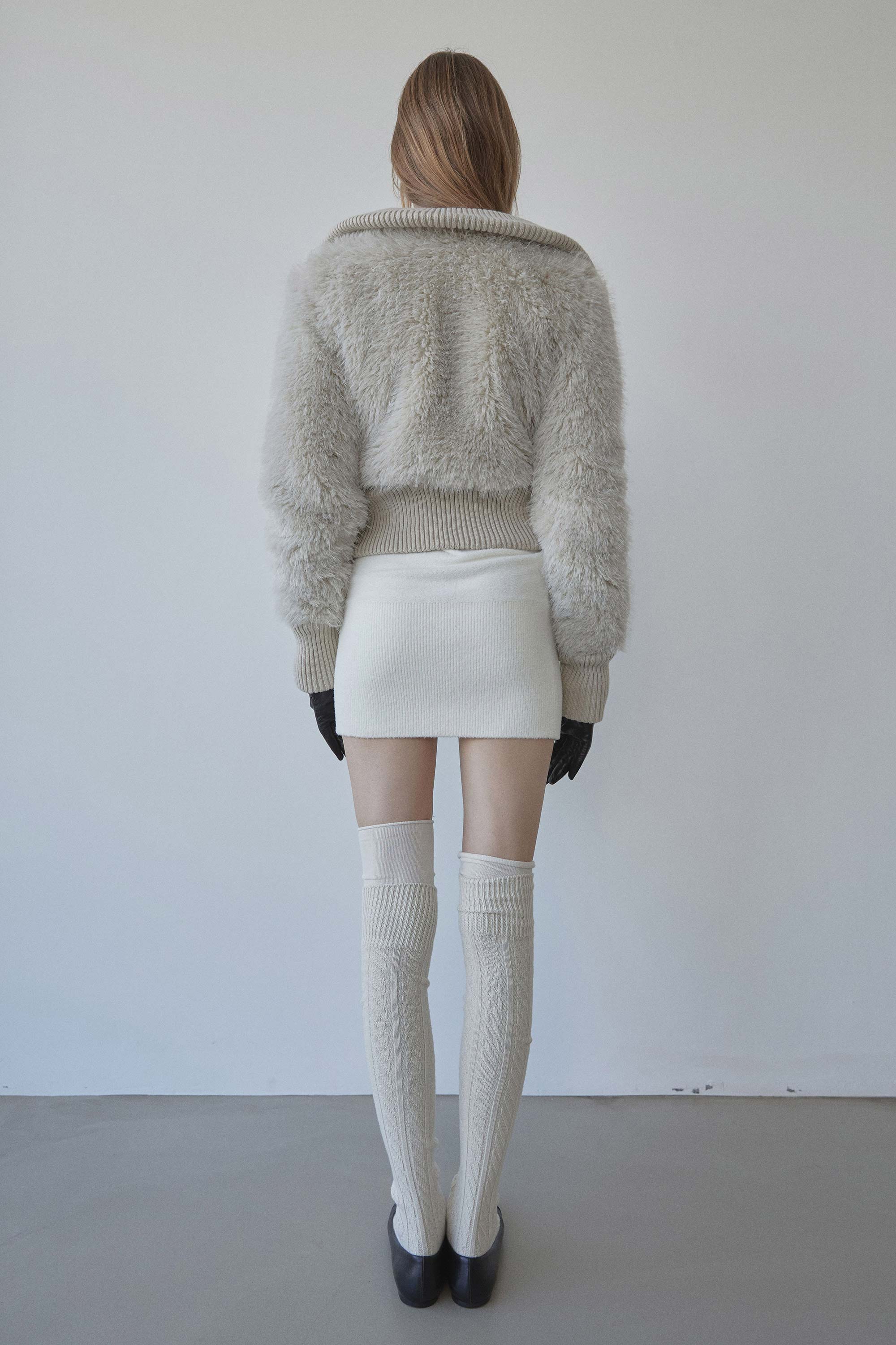 Faux Fur Zip-Up Jacket Pale Gray - Image 3