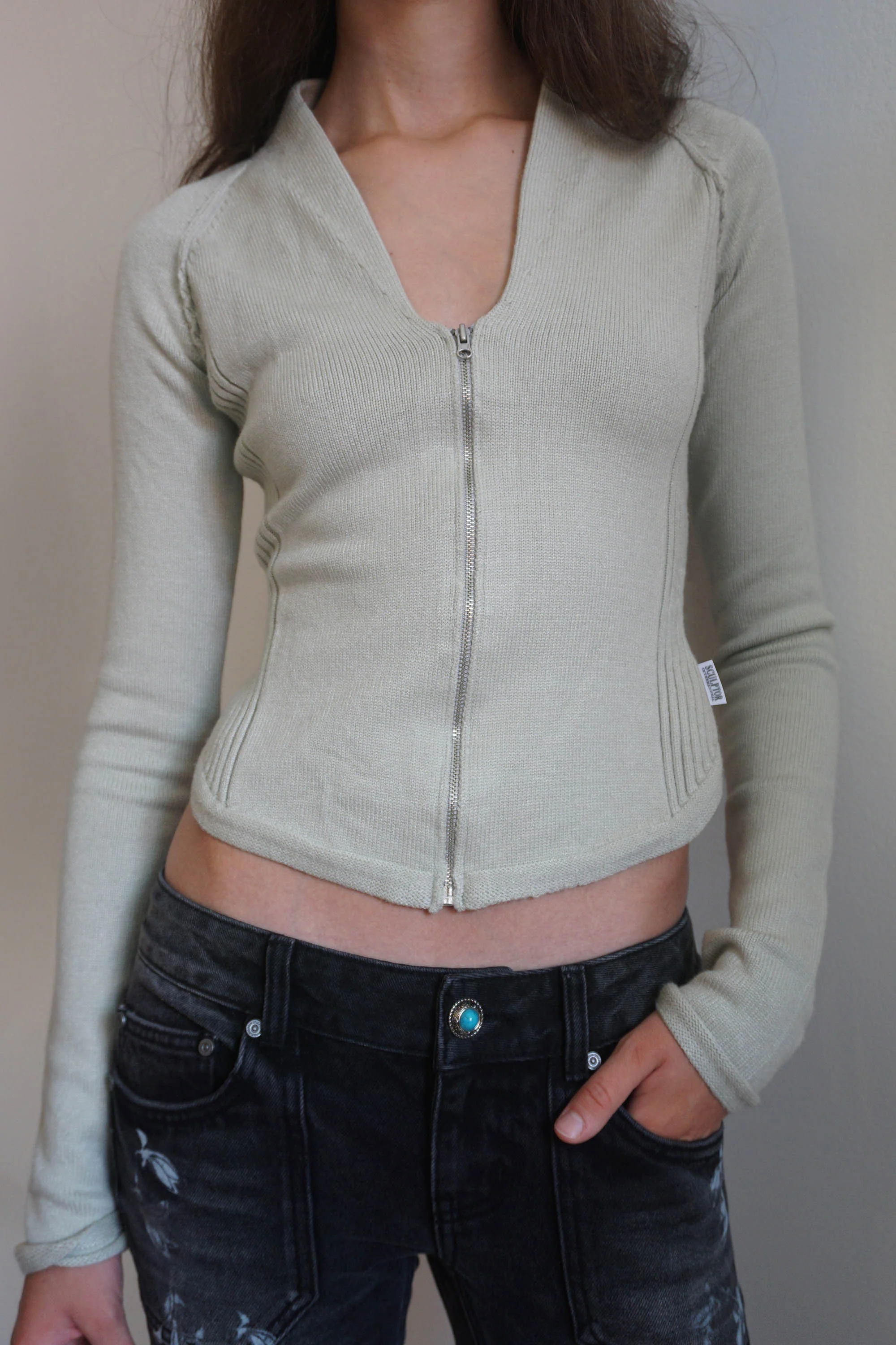 Open Collar Knit Zip-Up Pale Mint - Image 4