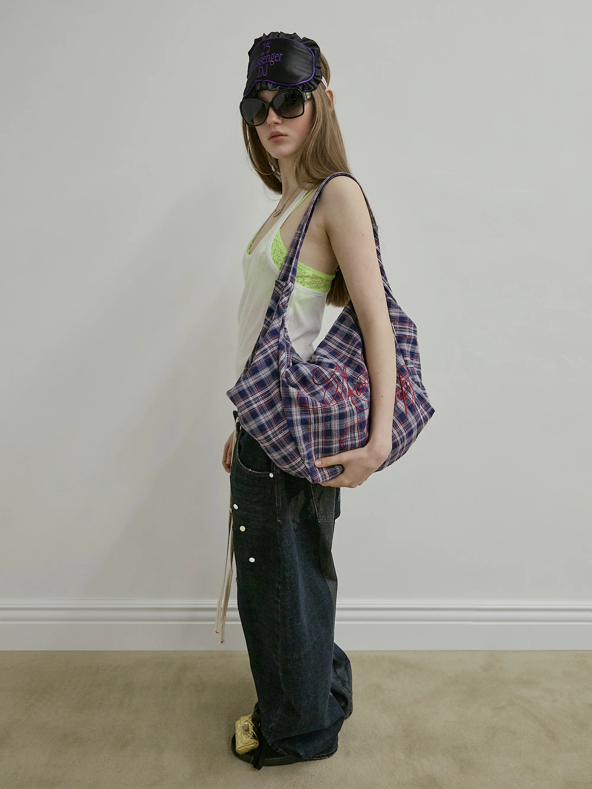 Plaid Big Hobo Bag Navy - Image 3
