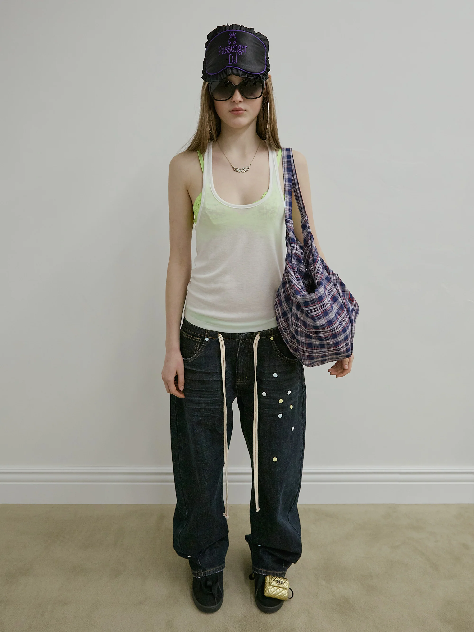 Plaid Big Hobo Bag Navy - Image 4