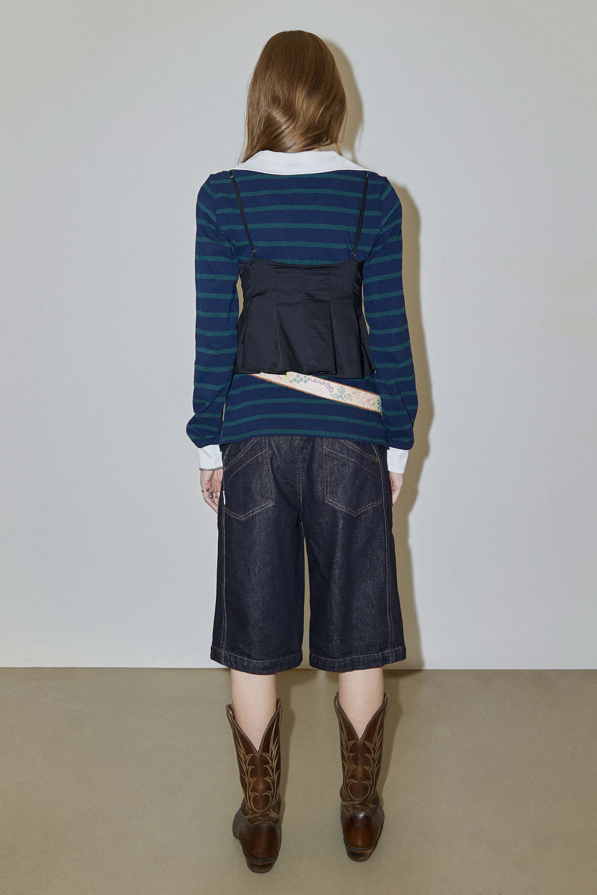 Shirring Tennis Shirt Navy/Green Stripe - Image 3