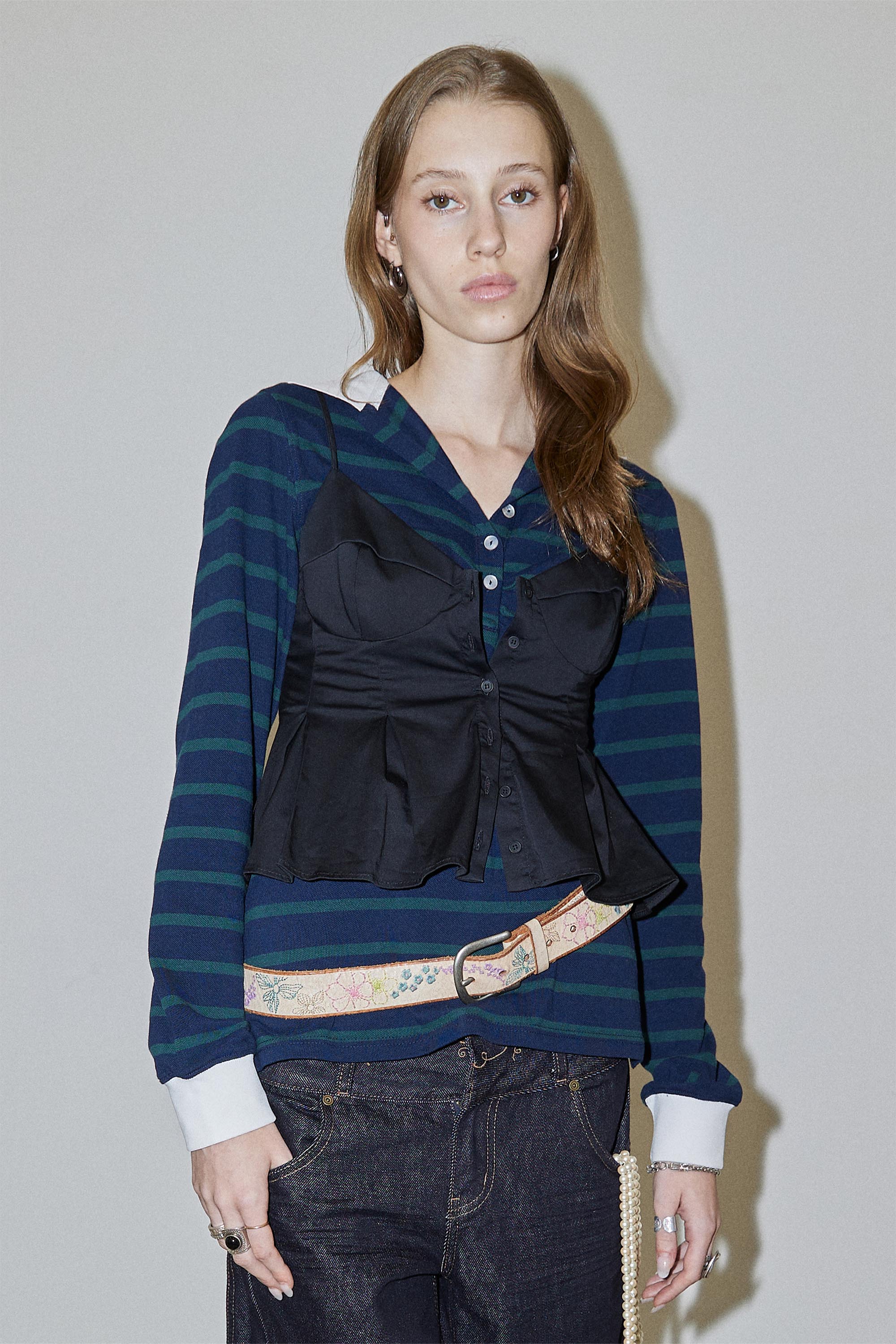 Shirring Tennis Shirt Navy/Green Stripe - Image 4