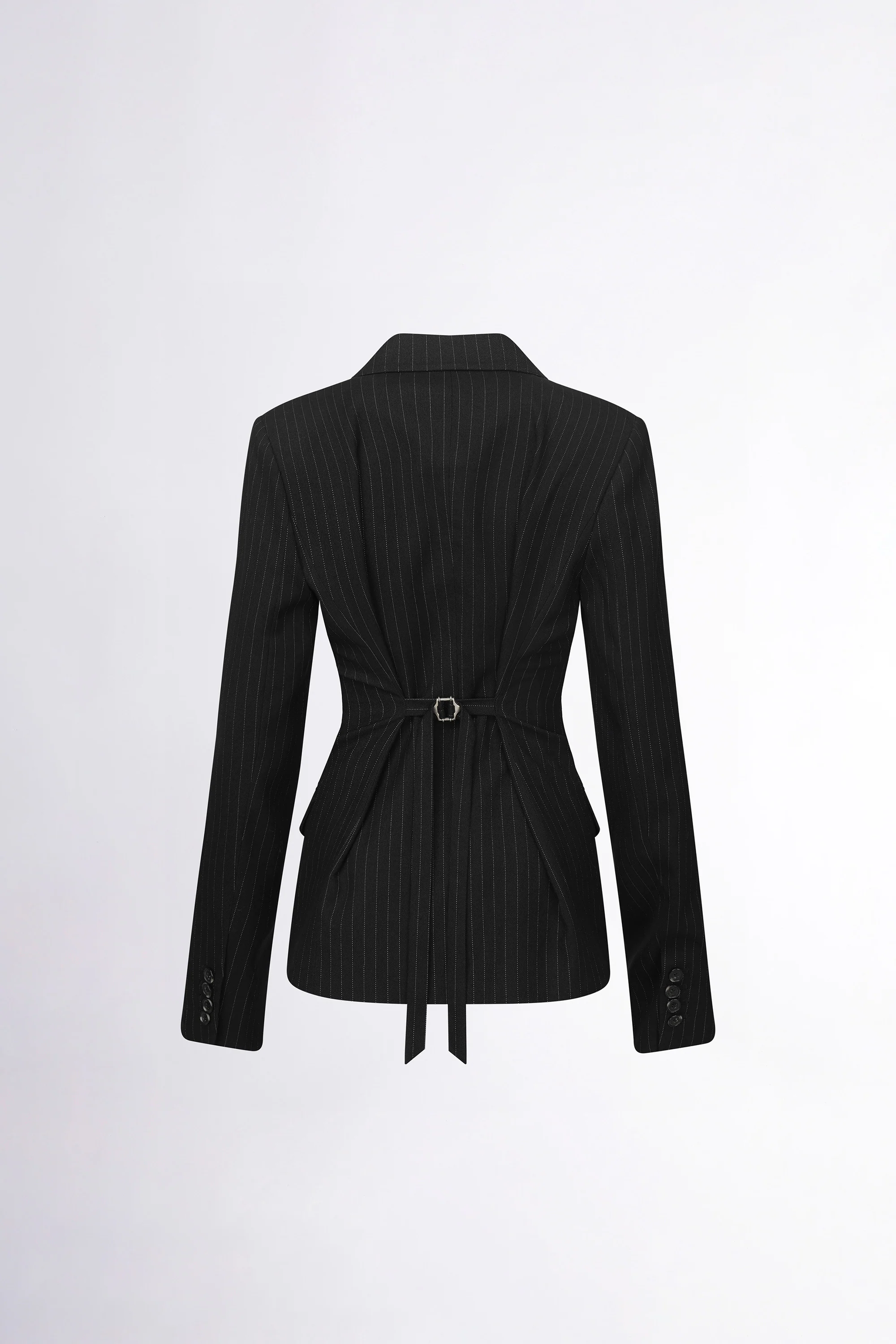 Tailored Belted Blazer Black Pin Stripe - Image 7